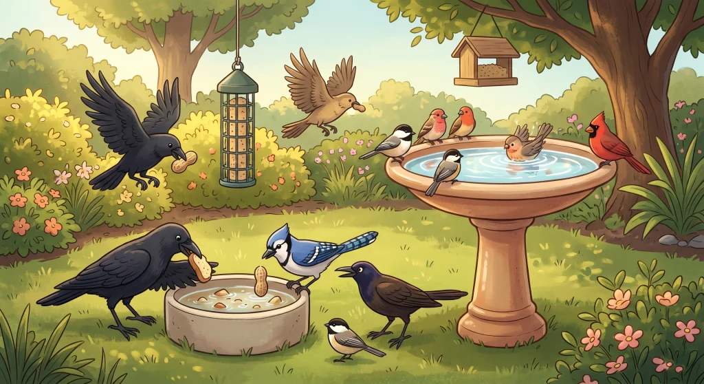 Crows Putting Food In Bird Bath